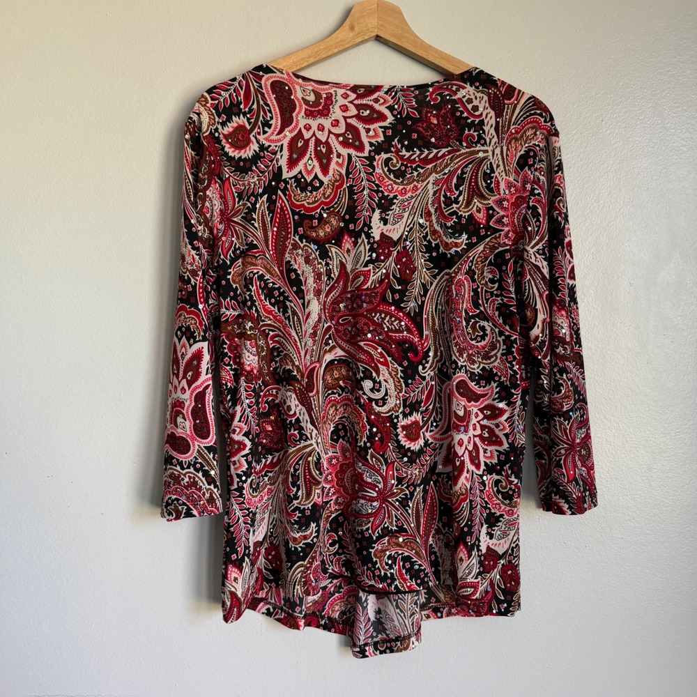 Y2K Whimsigoth Witchy XL Red Paisley Sequin Layered Buckle Top 3/4 Sleeve Blouse - Picture 6 of 8